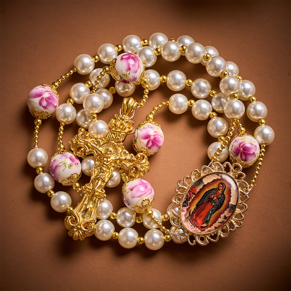 SolaceBeads White Pearls &amp; Pink Floral Ceramic Beads Rosary with Guadalupe: Petals of Grace - image 5