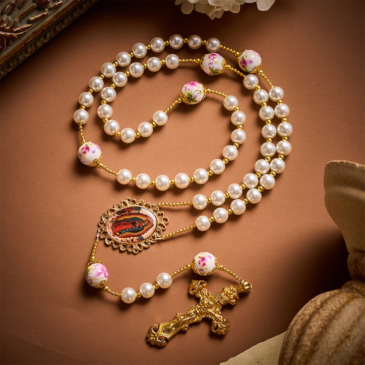 SolaceBeads White Pearls &amp; Pink Floral Ceramic Beads Rosary with Guadalupe: Petals of Grace - Pearl - image 0