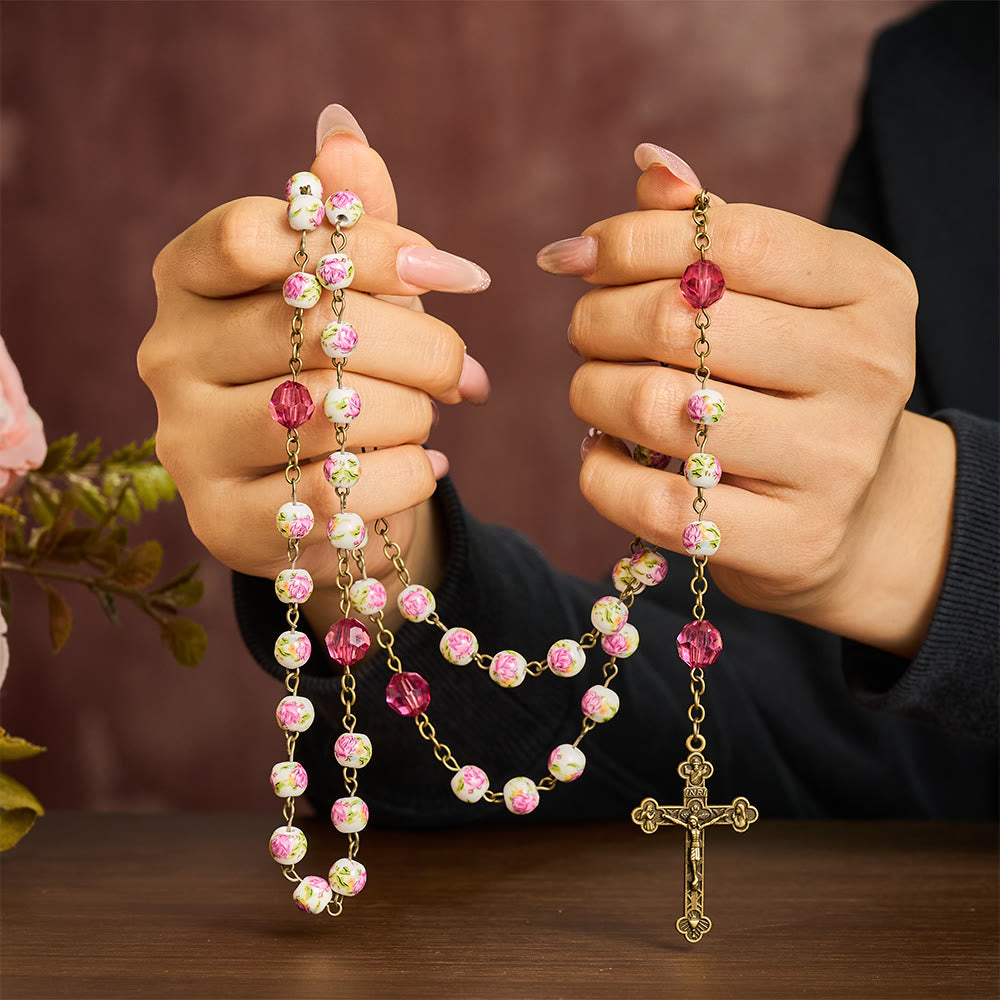 SolaceBeads Pink Floral Ceramic &amp; Magenta Crystal Rosary with Marian &amp; Cross Charms - image 1