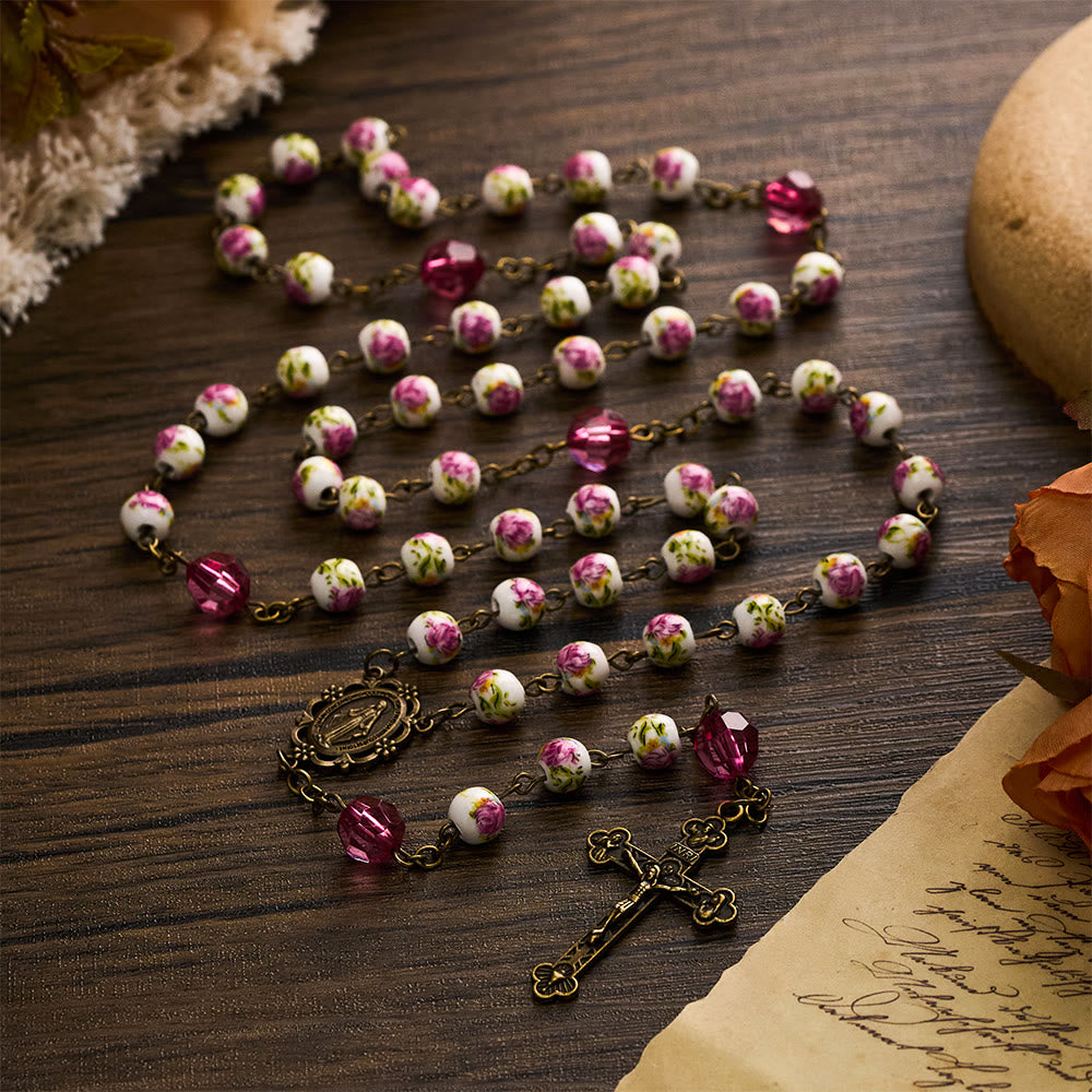 SolaceBeads Pink Floral Ceramic &amp; Magenta Crystal Rosary with Marian &amp; Cross Charms - image 7