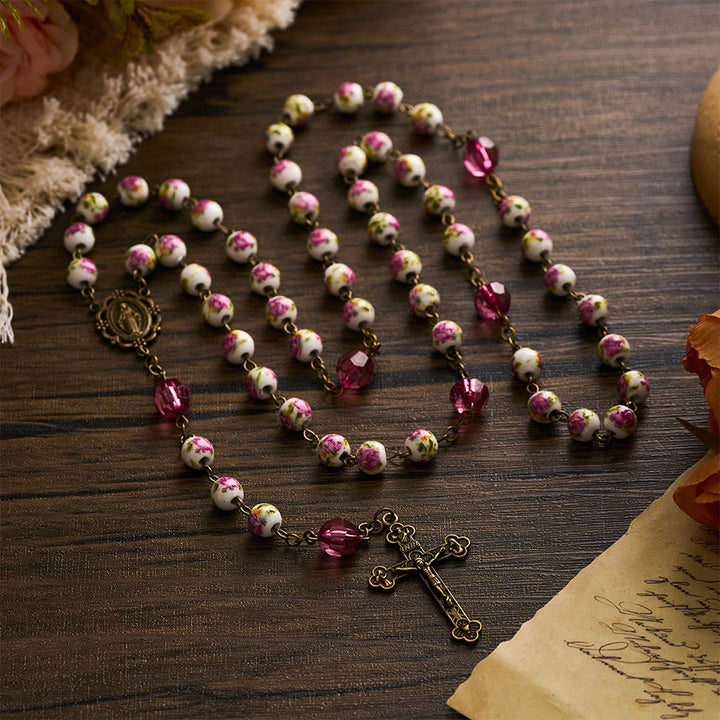 SolaceBeads Pink Floral Ceramic &amp; Magenta Crystal Rosary with Marian &amp; Cross Charms - image 8