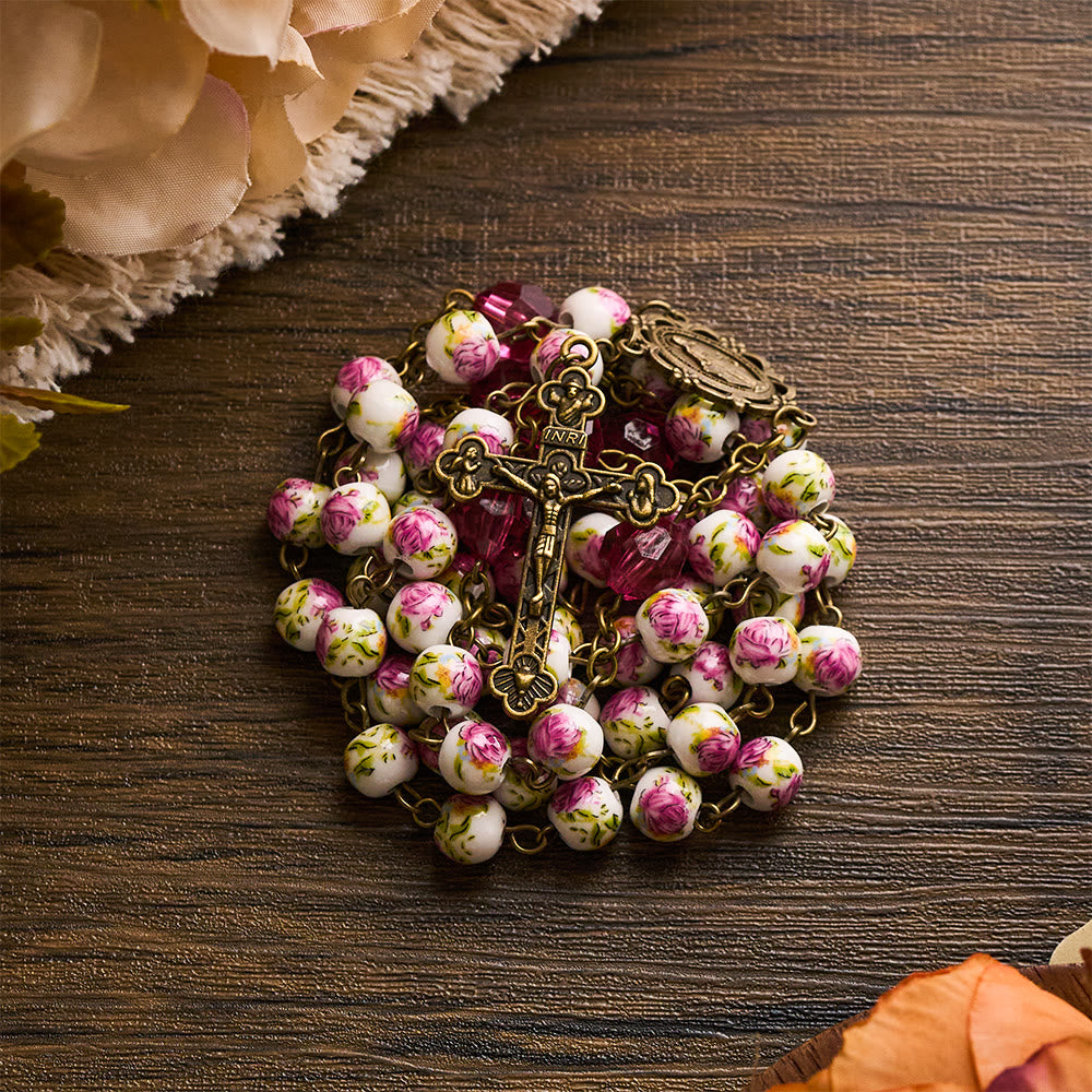 SolaceBeads Pink Floral Ceramic &amp; Magenta Crystal Rosary with Marian &amp; Cross Charms - image 6