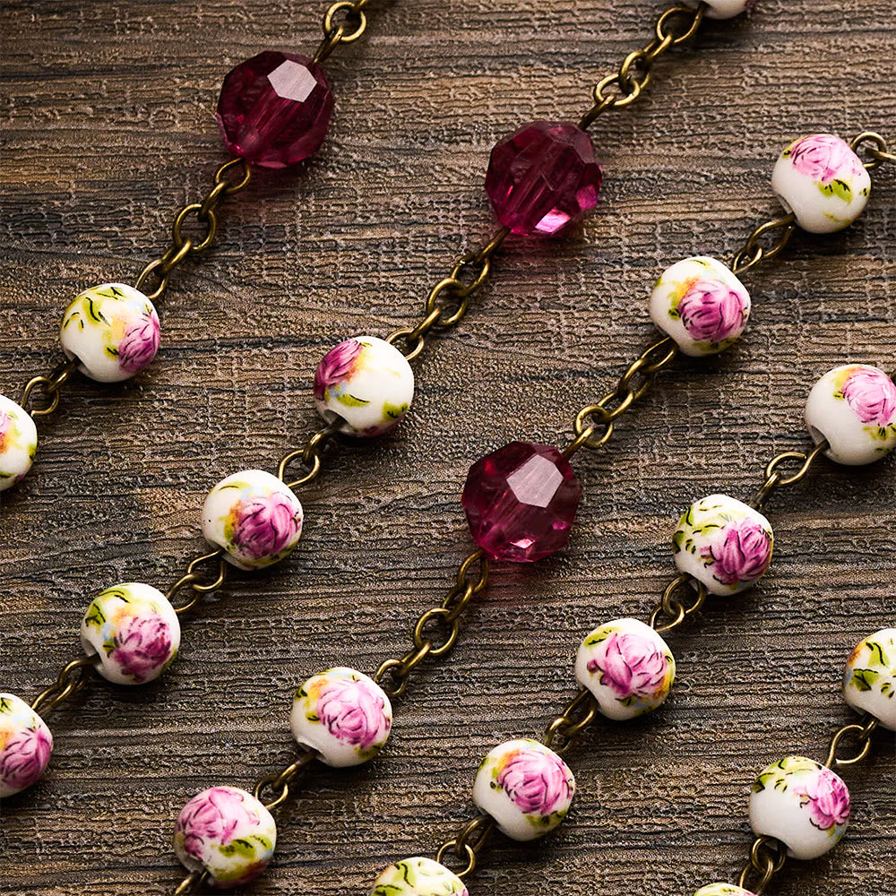 SolaceBeads Pink Floral Ceramic &amp; Magenta Crystal Rosary with Marian &amp; Cross Charms - image 4