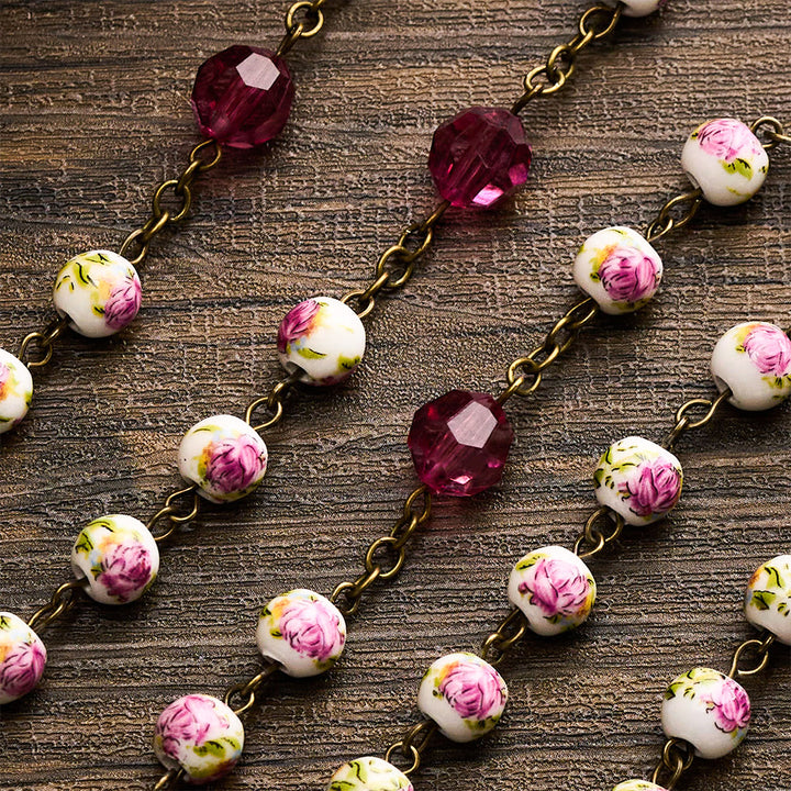 SolaceBeads Pink Floral Ceramic &amp; Magenta Crystal Rosary with Marian &amp; Cross Charms - image 4