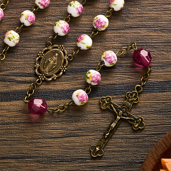 SolaceBeads Pink Floral Ceramic &amp; Magenta Crystal Rosary with Marian &amp; Cross Charms - image 5