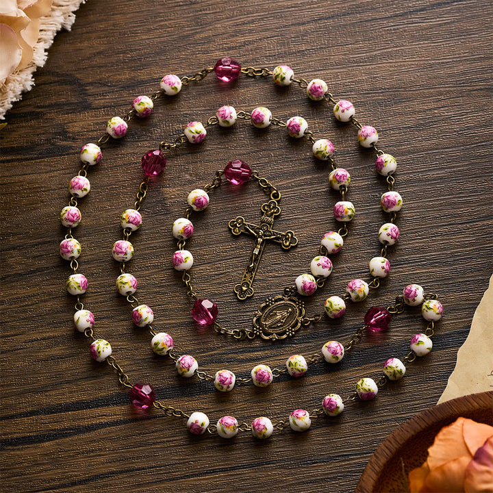 SolaceBeads Pink Floral Ceramic &amp; Magenta Crystal Rosary with Marian &amp; Cross Charms - image 3