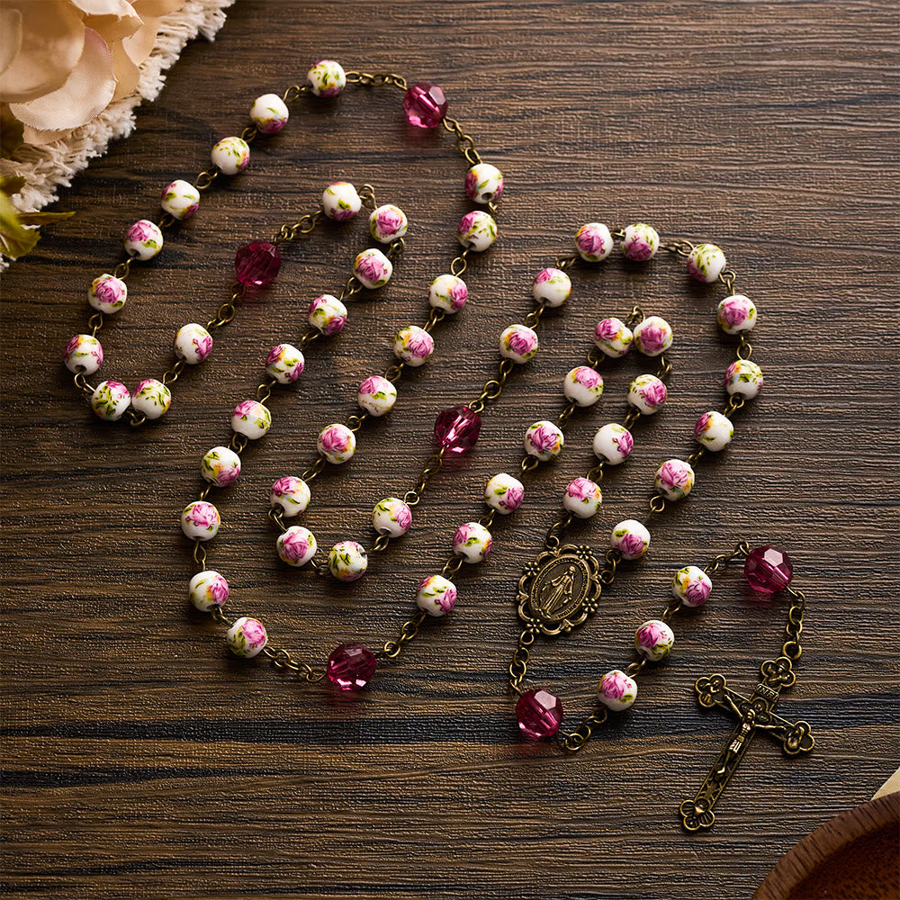 SolaceBeads Pink Floral Ceramic &amp; Magenta Crystal Rosary with Marian &amp; Cross Charms - image 2