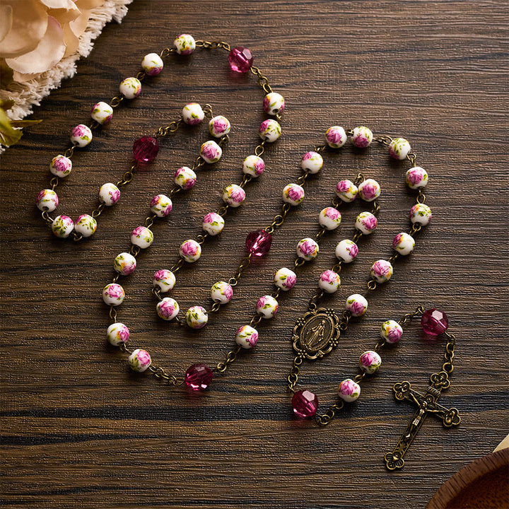SolaceBeads Pink Floral Ceramic &amp; Magenta Crystal Rosary with Marian &amp; Cross Charms - image 2