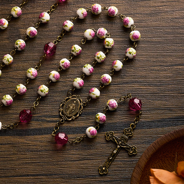 SolaceBeads Pink Floral Ceramic &amp; Magenta Crystal Rosary with Marian &amp; Cross Charms - Rose Violet &amp; Floral &amp; Rose Quartz - image 0
