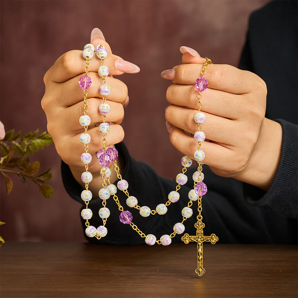 SolaceBeads Purple Lavender Floral Ceramic &amp; Amethyst Rosary with Marian &amp; Cross Charms - image 1