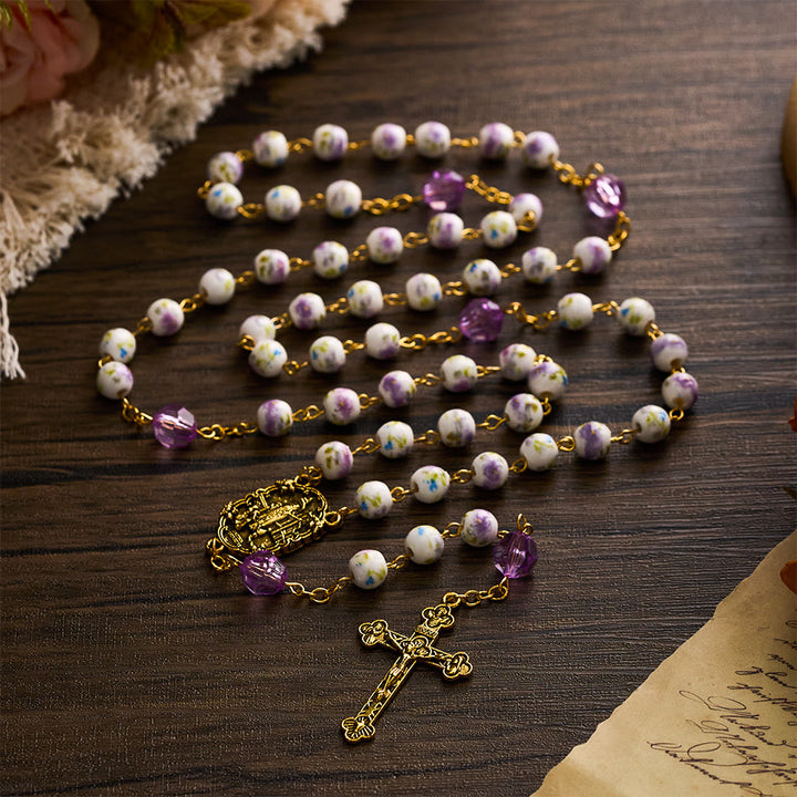 SolaceBeads Purple Lavender Floral Ceramic &amp; Amethyst Rosary with Marian &amp; Cross Charms - image 3