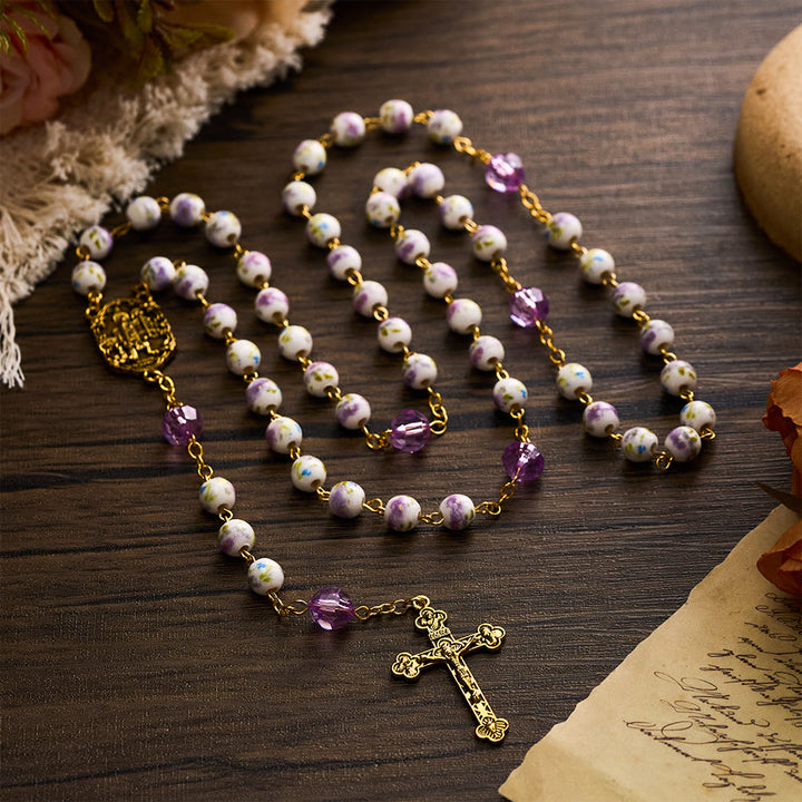SolaceBeads Purple Lavender Floral Ceramic &amp; Amethyst Rosary with Marian &amp; Cross Charms - image 8