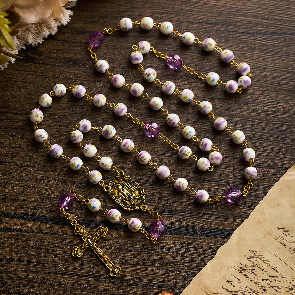 SolaceBeads Purple Lavender Floral Ceramic &amp; Amethyst Rosary with Marian &amp; Cross Charms - image 2