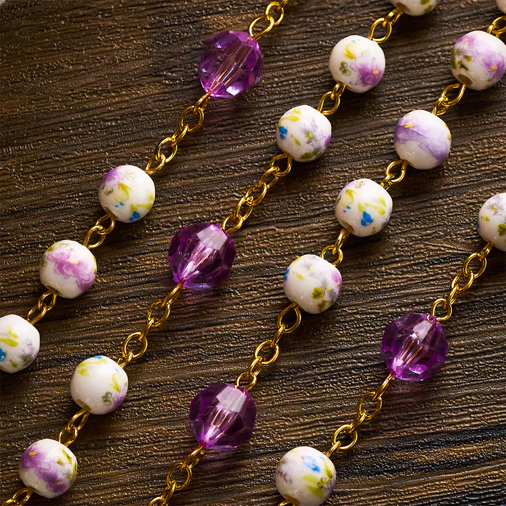 SolaceBeads Purple Lavender Floral Ceramic &amp; Amethyst Rosary with Marian &amp; Cross Charms - image 4
