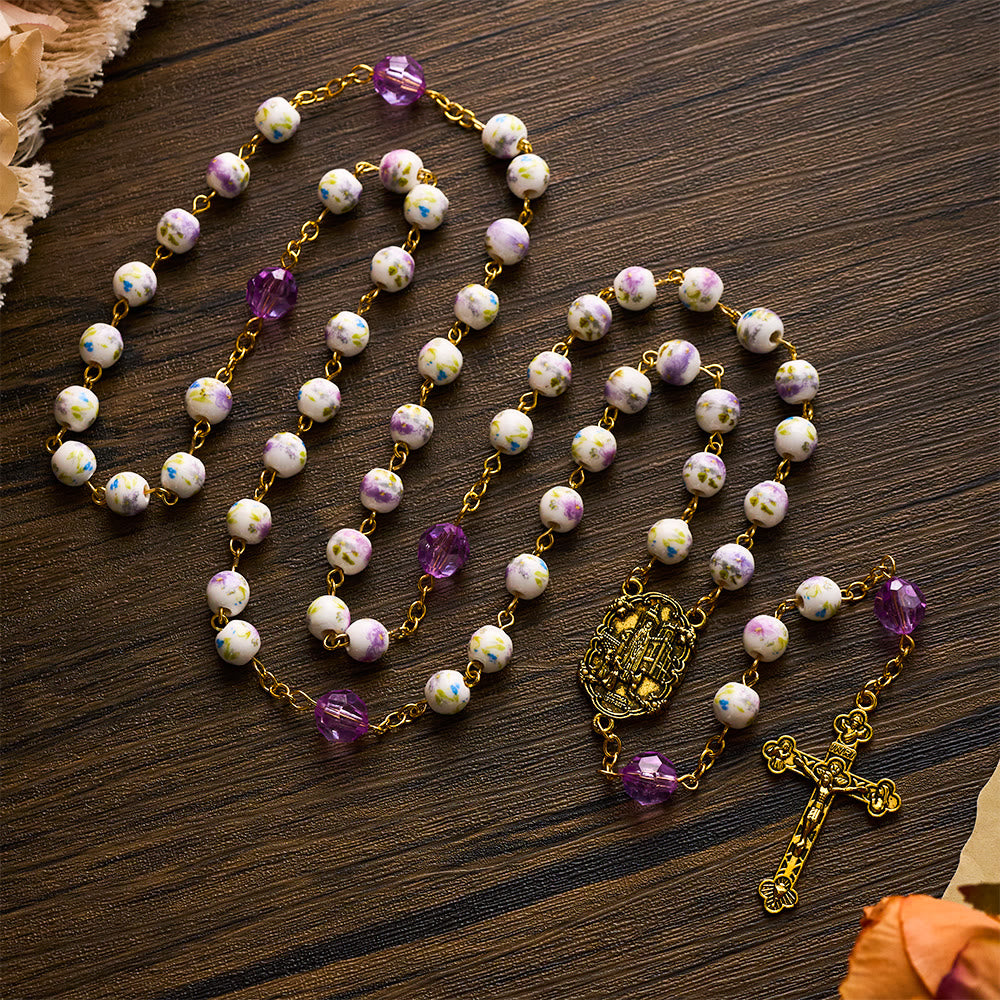SolaceBeads Purple Lavender Floral Ceramic &amp; Amethyst Rosary with Marian &amp; Cross Charms - image 7