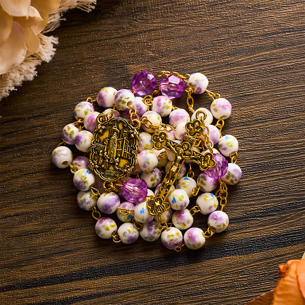 SolaceBeads Purple Lavender Floral Ceramic &amp; Amethyst Rosary with Marian &amp; Cross Charms - image 6
