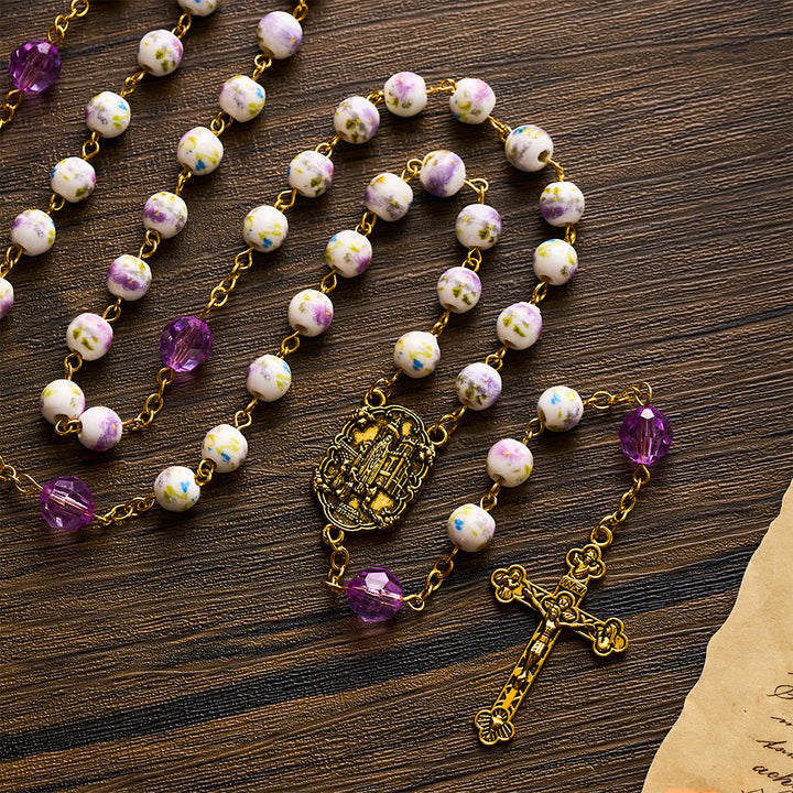 SolaceBeads Purple Lavender Floral Ceramic &amp; Amethyst Rosary with Marian &amp; Cross Charms - Purple &amp; Floral &amp; Amethyst - image 0