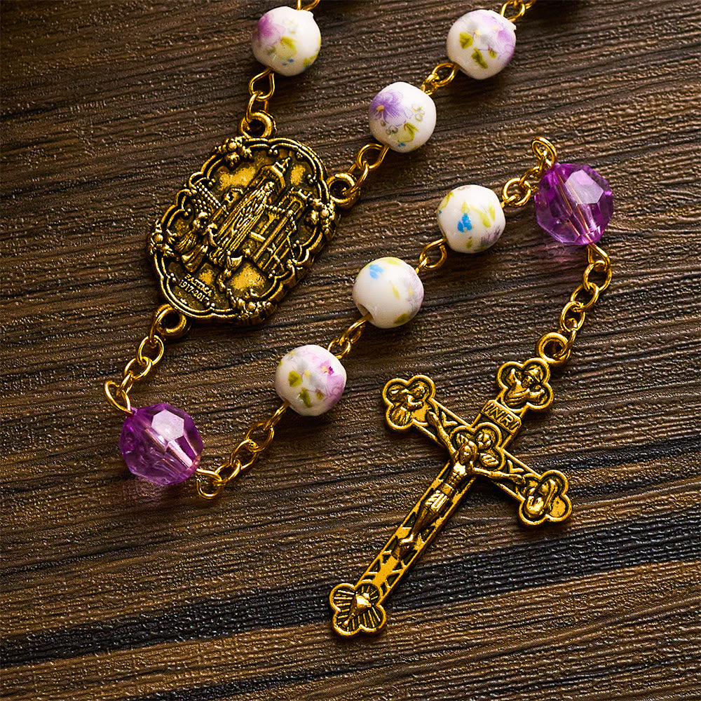 SolaceBeads Purple Lavender Floral Ceramic &amp; Amethyst Rosary with Marian &amp; Cross Charms - image 5
