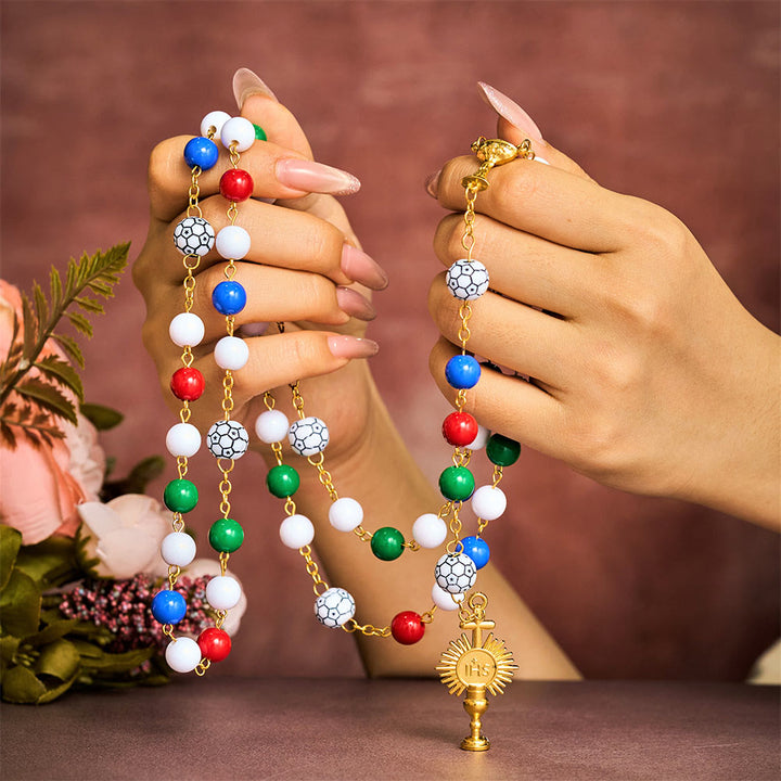 Solacebeads Colorful Sport Rosary: Faith In Every Goal - Soccer Ball Rosary With Holy Cup Accents  - image 1