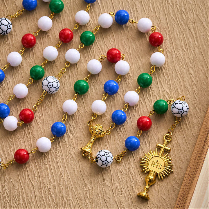 Solacebeads Colorful Sport Rosary: Faith In Every Goal - Soccer Ball Rosary With Holy Cup Accents  - Soccer Sport - image 0