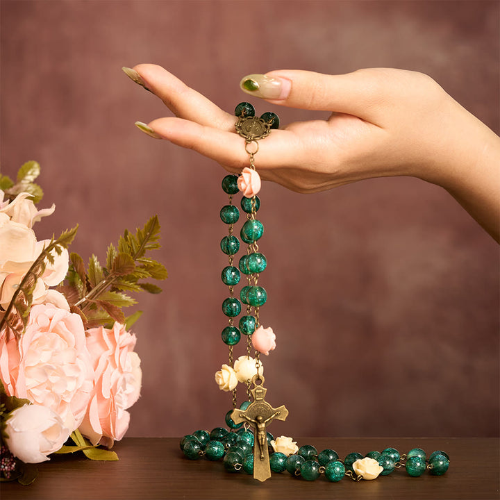 SolaceBeads Green Shiny Morning Dew Rosary with Rose: Artistry in Every Shimmer - image 1