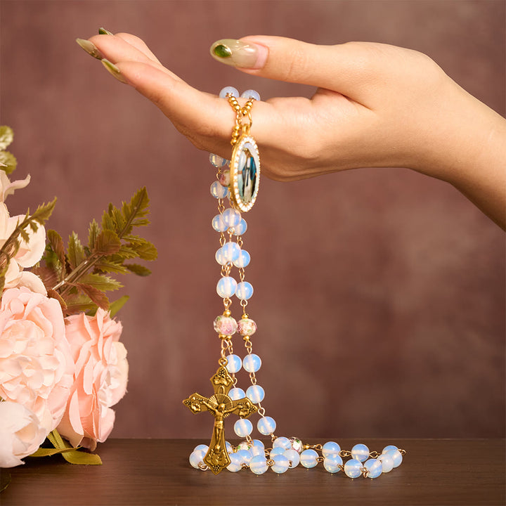 SolaceBeads Opaline with Lampwork Floral Pater Beads Rosary: A Soft Glow for Your Daily Prayer - image 1