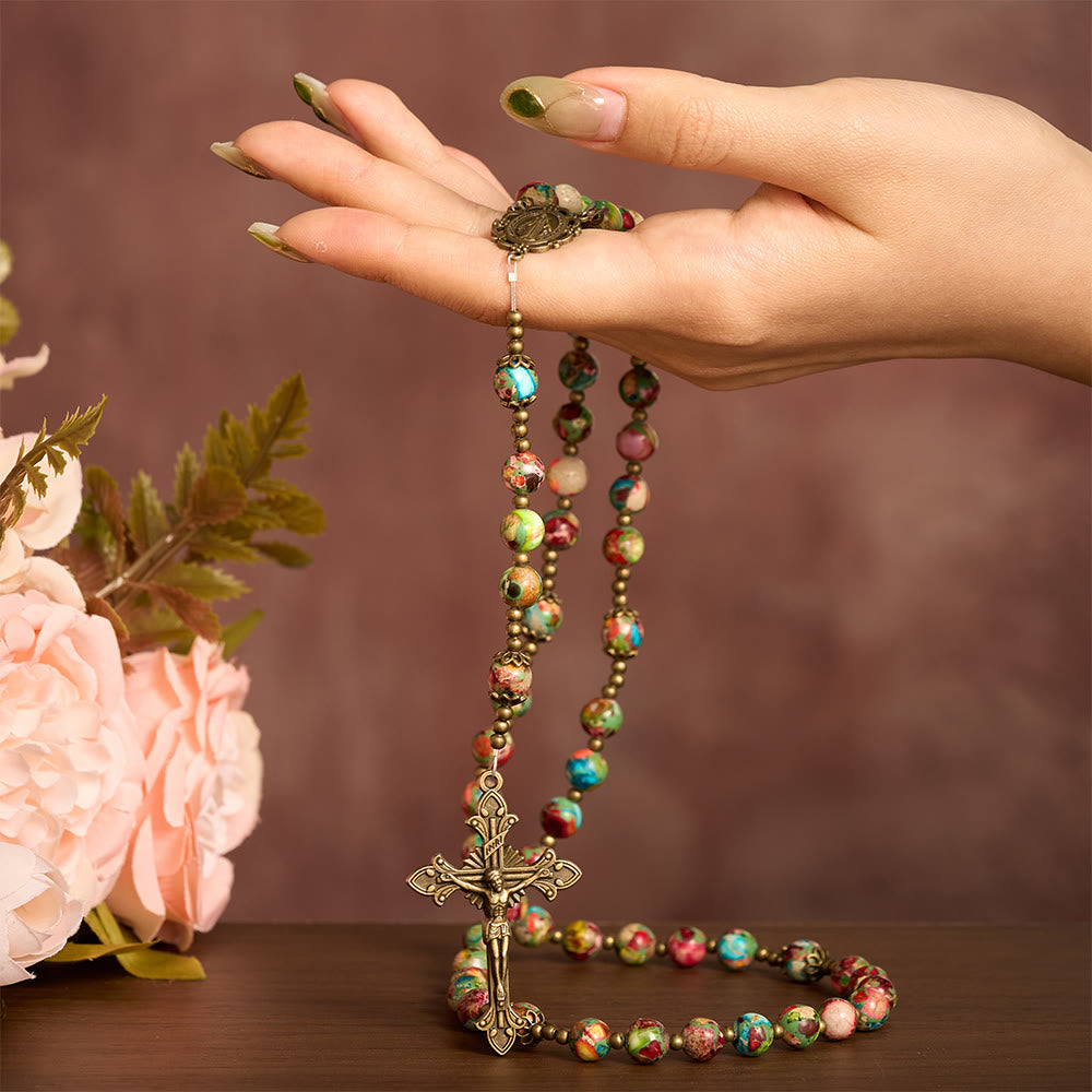 SolaceBeads Multicolored Imperial Jasper Rosary: A Tapestry of Earth and Spirit - image 1