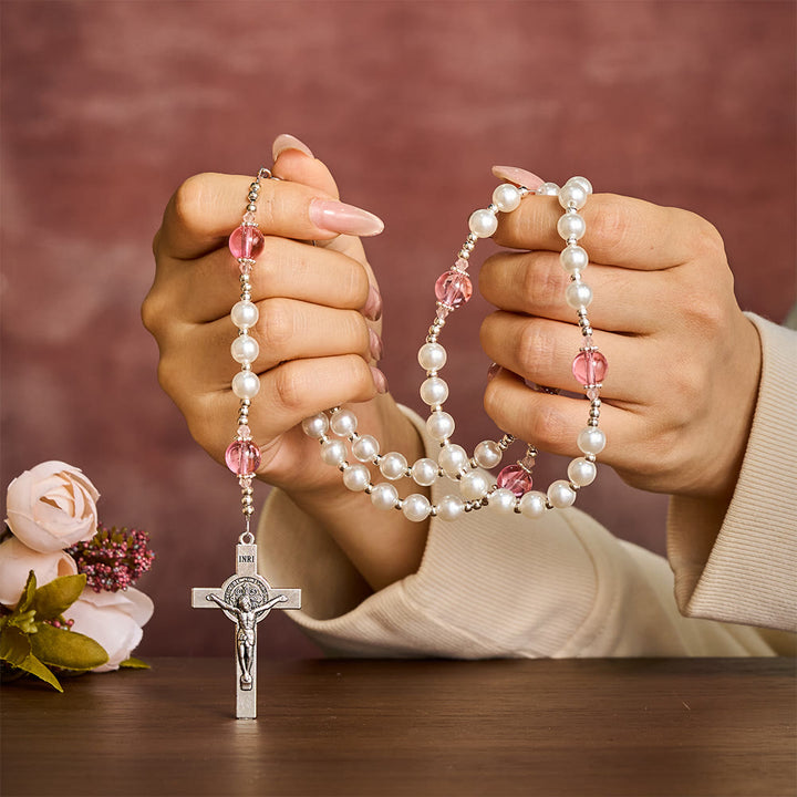 Solacebeads White &amp; Pink Glass Rosary: Luminous Devotion - Holy Family With Pearl Lustre Beads - image 1