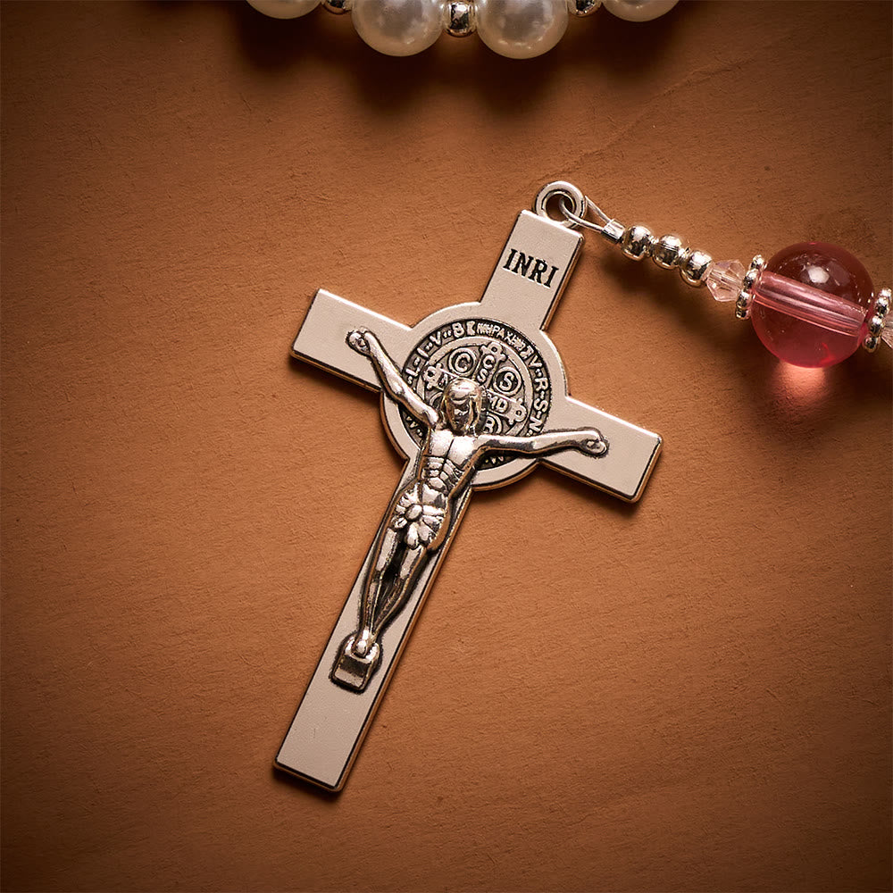 Solacebeads White &amp; Pink Glass Rosary: Luminous Devotion - Holy Family With Pearl Lustre Beads - image 4