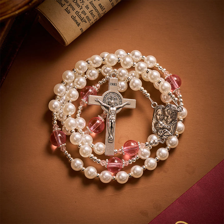 Solacebeads White &amp; Pink Glass Rosary: Luminous Devotion - Holy Family With Pearl Lustre Beads - image 5