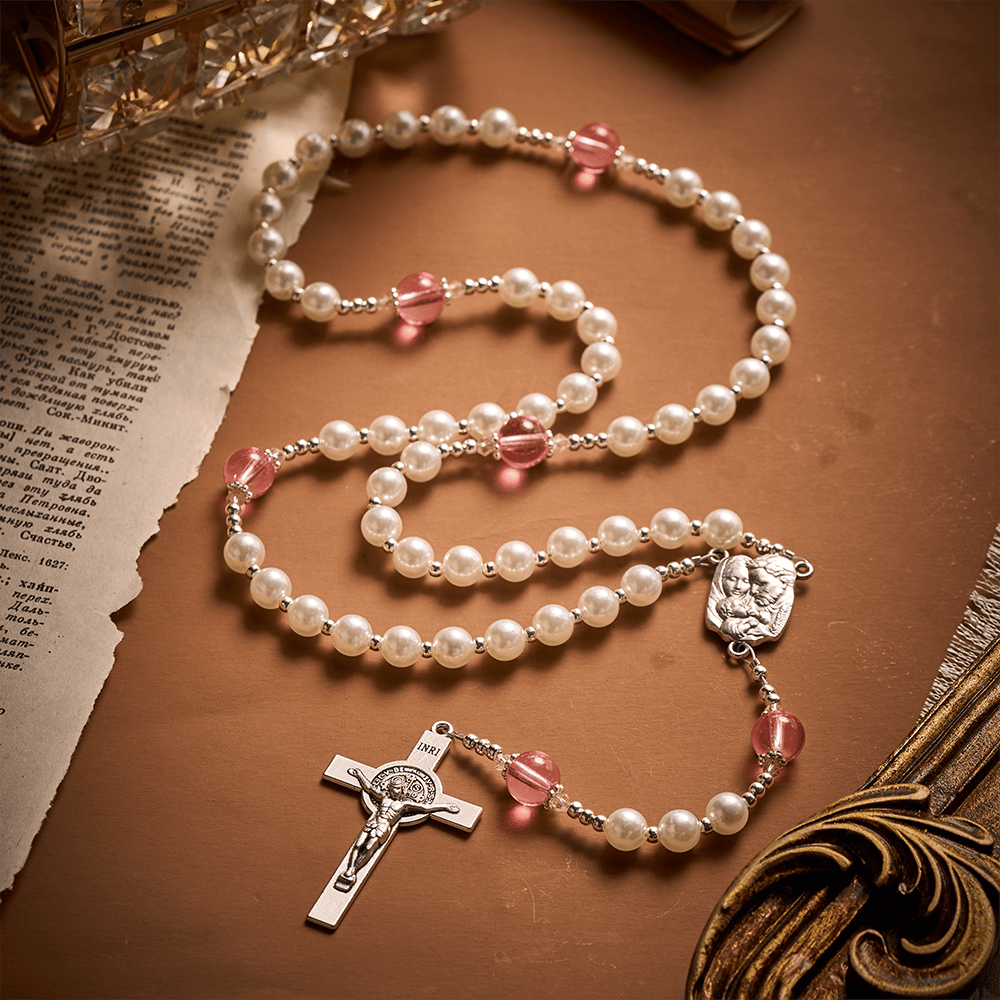 Solacebeads White & Pink Glass Rosary: Luminous Devotion - Holy Family With Pearl Lustre Beads - White & Pink - image 0