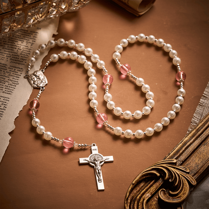 Solacebeads White &amp; Pink Glass Rosary: Luminous Devotion - Holy Family With Pearl Lustre Beads - image 9