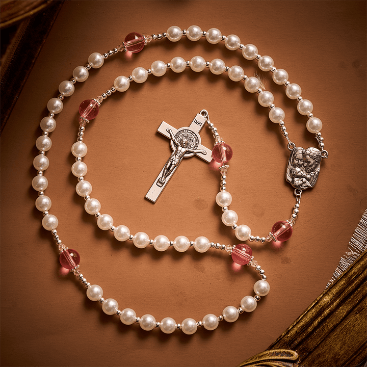Solacebeads White &amp; Pink Glass Rosary: Luminous Devotion - Holy Family With Pearl Lustre Beads - image 7