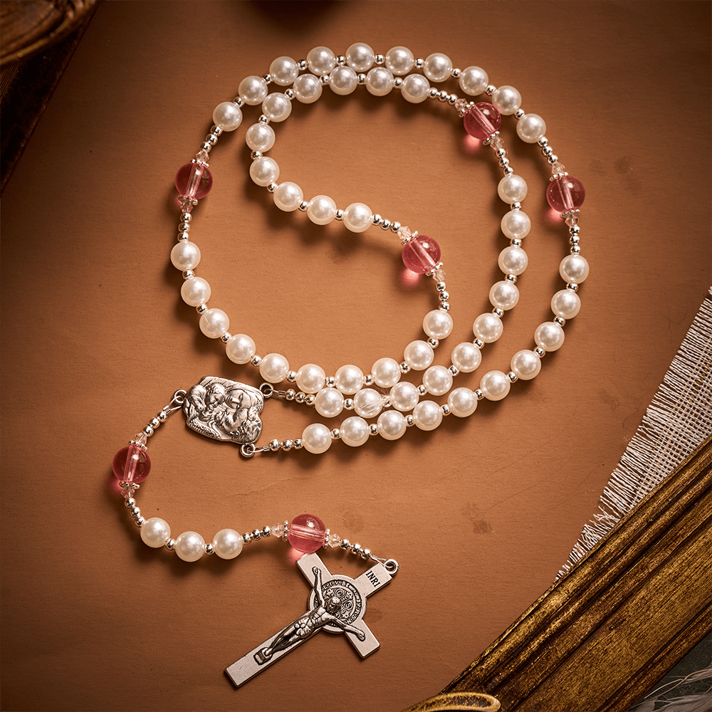 Solacebeads White &amp; Pink Glass Rosary: Luminous Devotion - Holy Family With Pearl Lustre Beads - image 8