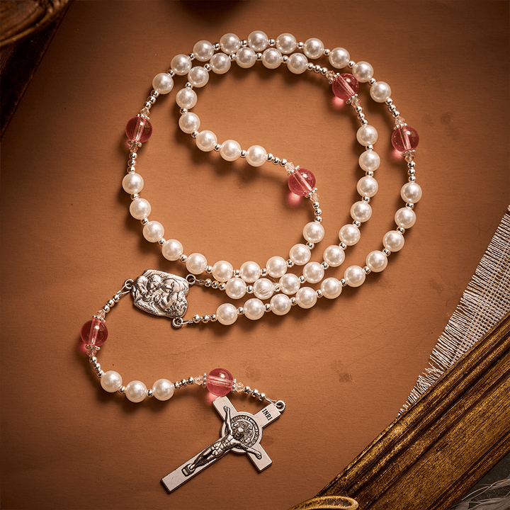 Solacebeads White &amp; Pink Glass Rosary: Luminous Devotion - Holy Family With Pearl Lustre Beads - image 8
