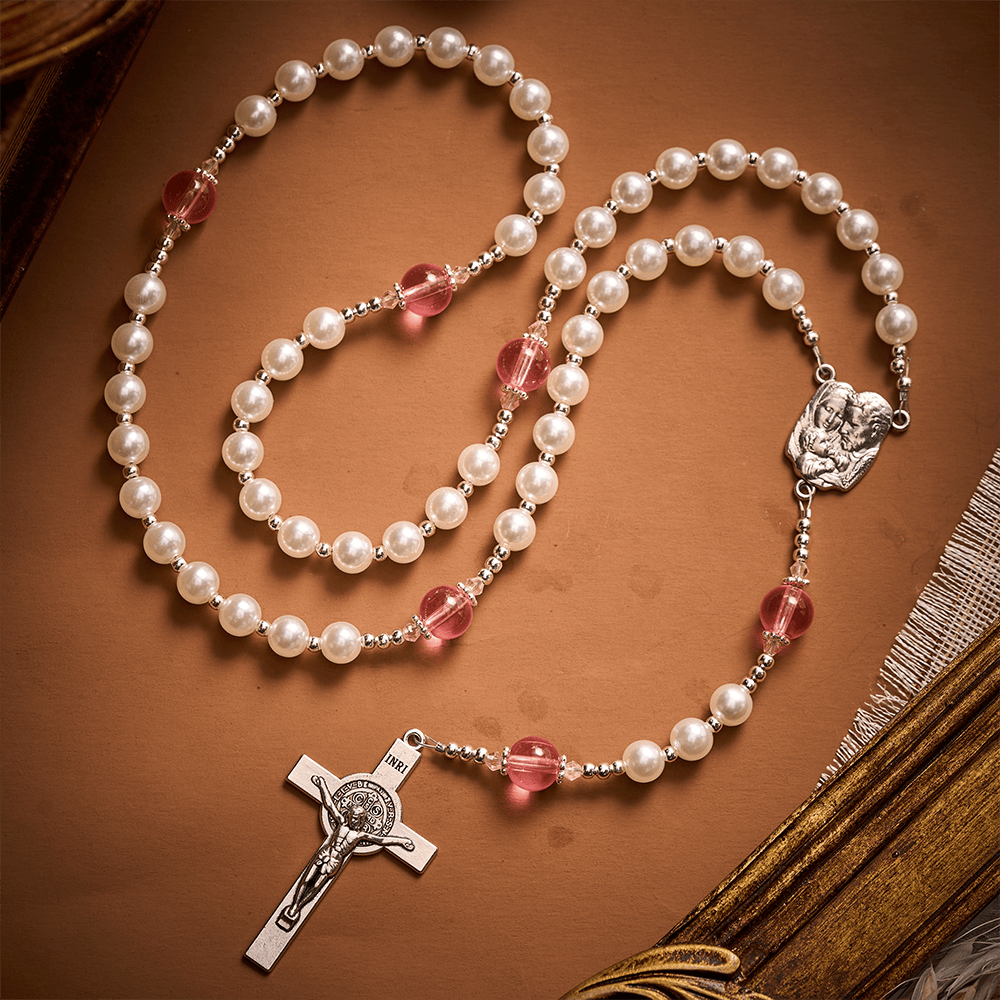 Solacebeads White &amp; Pink Glass Rosary: Luminous Devotion - Holy Family With Pearl Lustre Beads - image 6