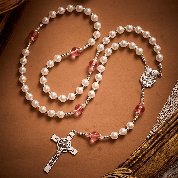 Solacebeads White &amp; Pink Glass Rosary: Luminous Devotion - Holy Family With Pearl Lustre Beads - image 6