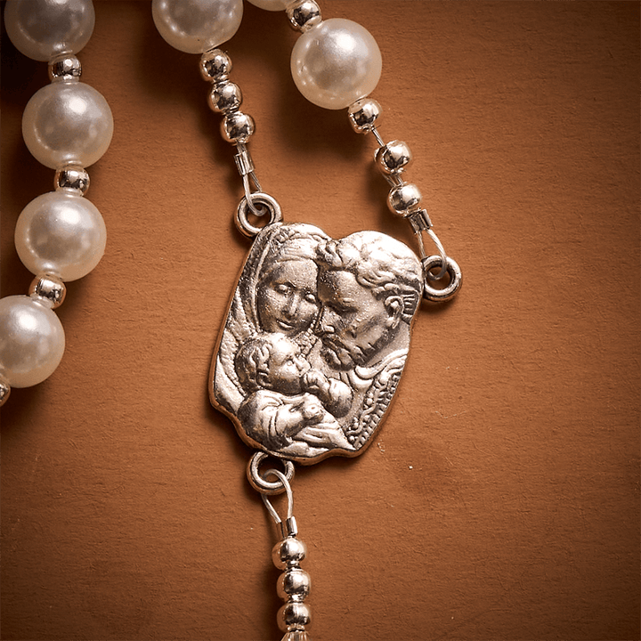 Solacebeads White &amp; Pink Glass Rosary: Luminous Devotion - Holy Family With Pearl Lustre Beads - image 3