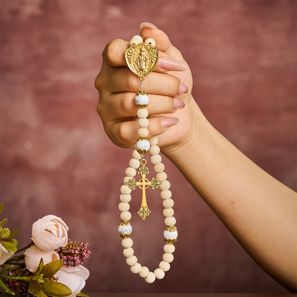 SolaceBeads Natural Wood Rosary with Howlite Accents, Marian Medal &amp; Cross Charms - image 1