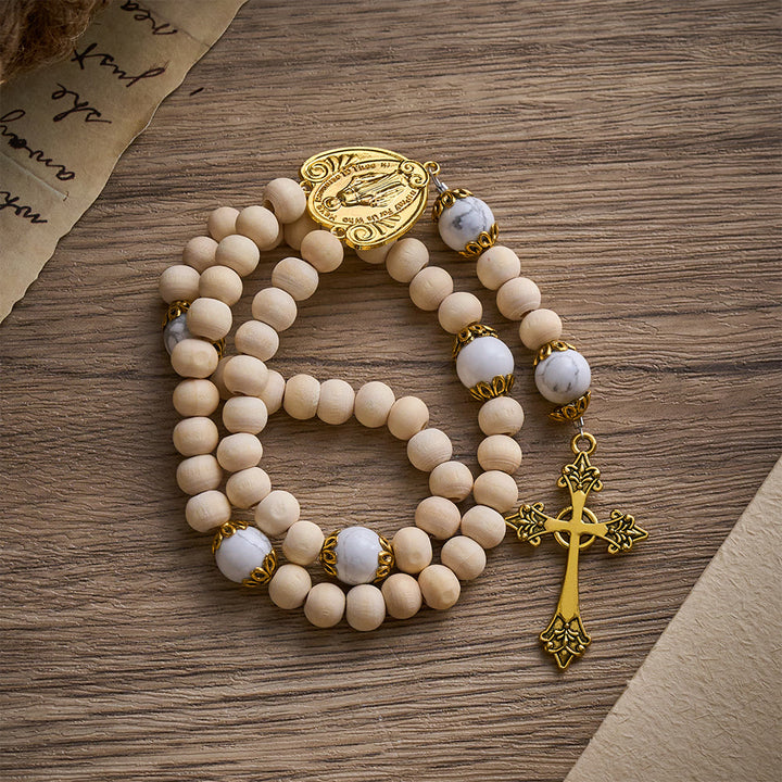 SolaceBeads Natural Wood Rosary with Howlite Accents, Marian Medal &amp; Cross Charms - image 6