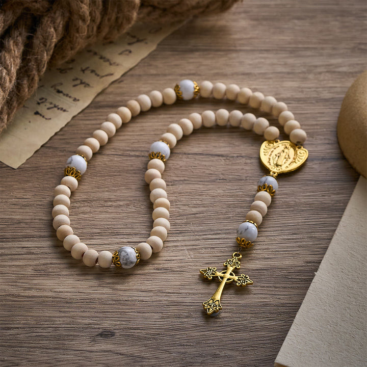 SolaceBeads Natural Wood Rosary with Howlite Accents, Marian Medal &amp; Cross Charms - image 7
