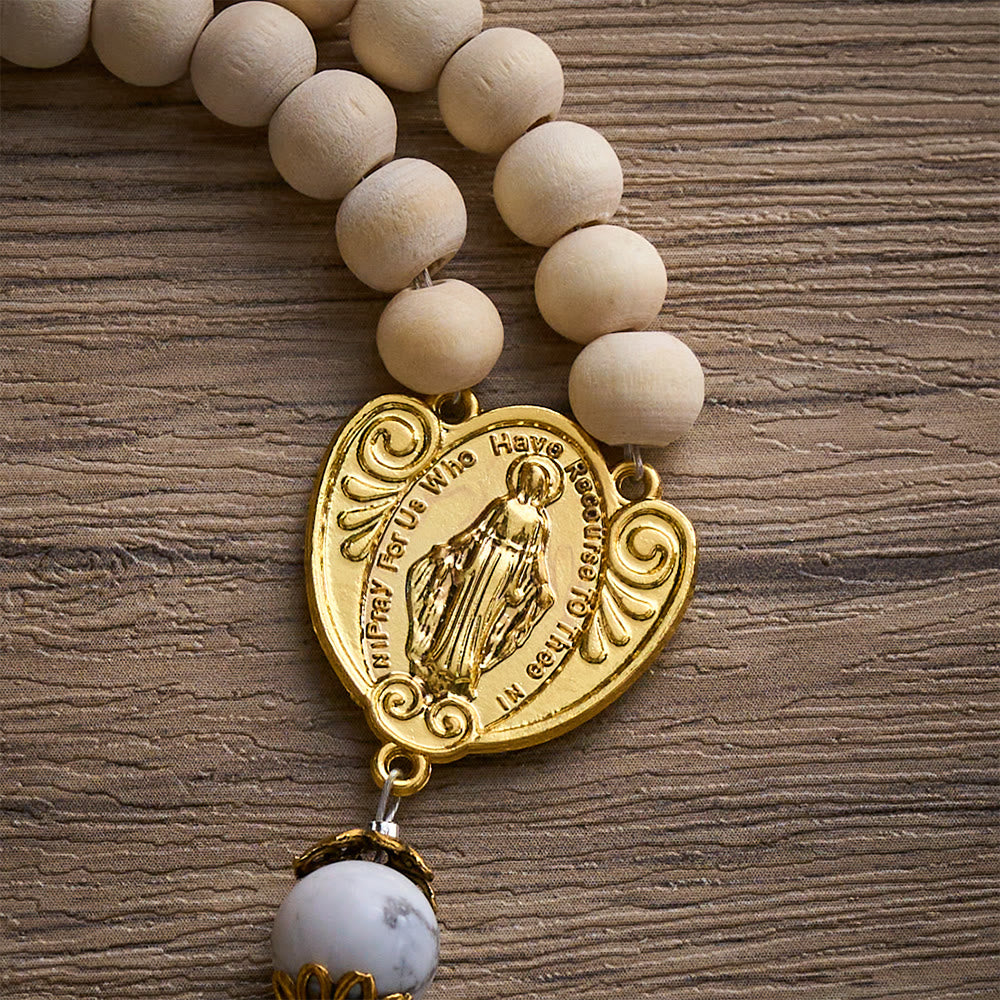 SolaceBeads Natural Wood Rosary with Howlite Accents, Marian Medal &amp; Cross Charms - image 4