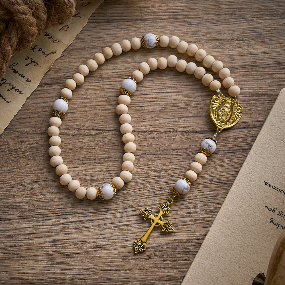 SolaceBeads Natural Wood Rosary with Howlite Accents, Marian Medal & Cross Charms - image 0