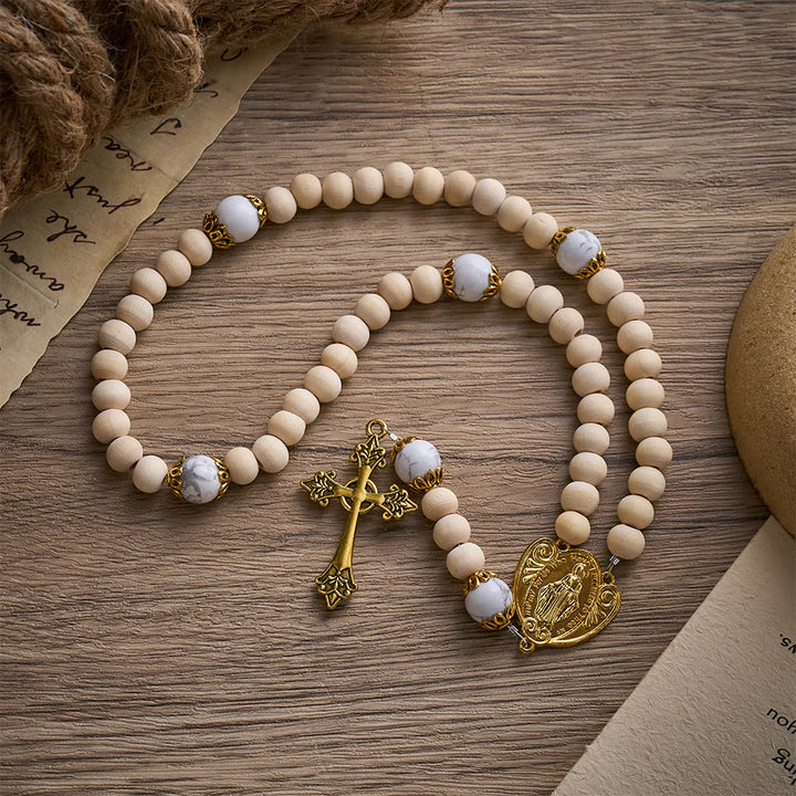 SolaceBeads Natural Wood Rosary with Howlite Accents, Marian Medal &amp; Cross Charms - Natural Basswood - image 2