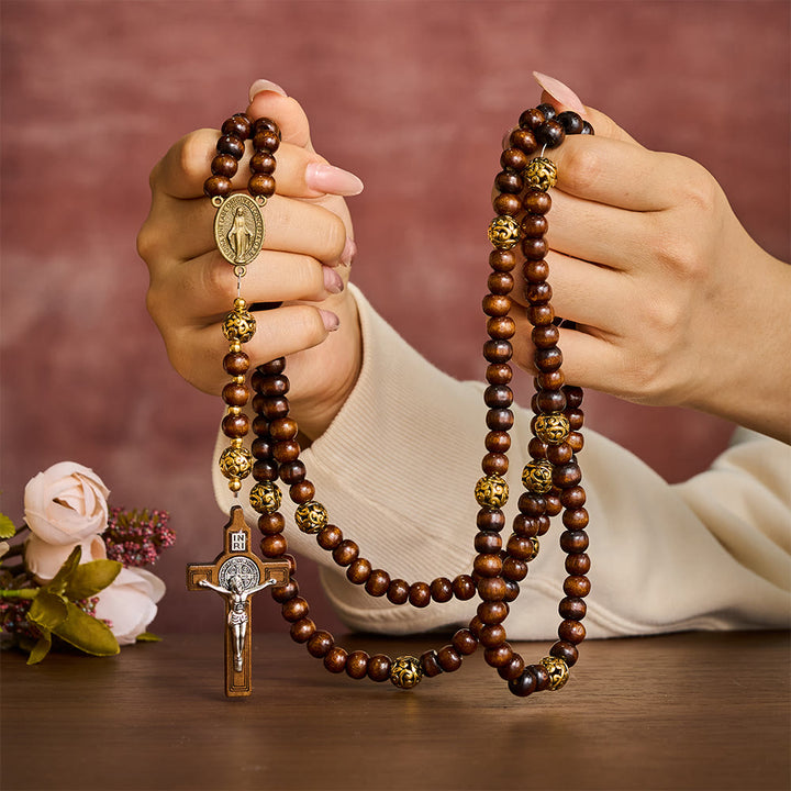Solacebeads 15/20 Decade Maple Wood Rosary: Warm Devotion - Miraculous Medal &amp; Wooden Crucifix - image 1