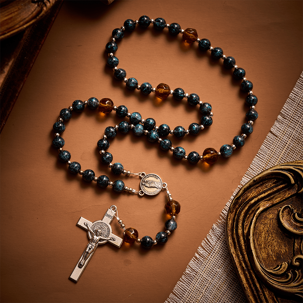 SolaceBeads Starry Cat Eye &amp; Amber Glass Beads Rosary: Starry Grace - San Nicolas Medal &amp; Crucifix - image 9