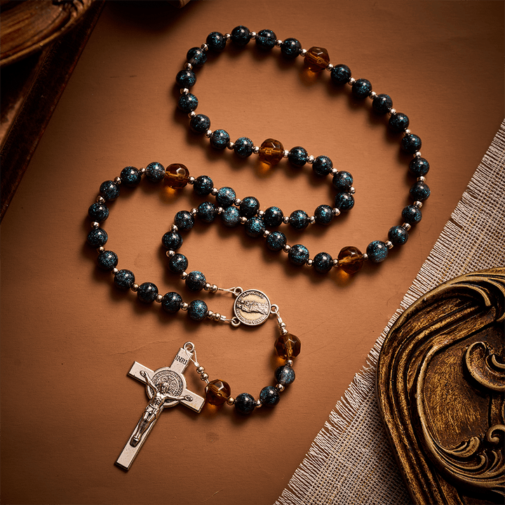 SolaceBeads Starry Cat Eye &amp; Amber Glass Beads Rosary: Starry Grace - San Nicolas Medal &amp; Crucifix - image 9
