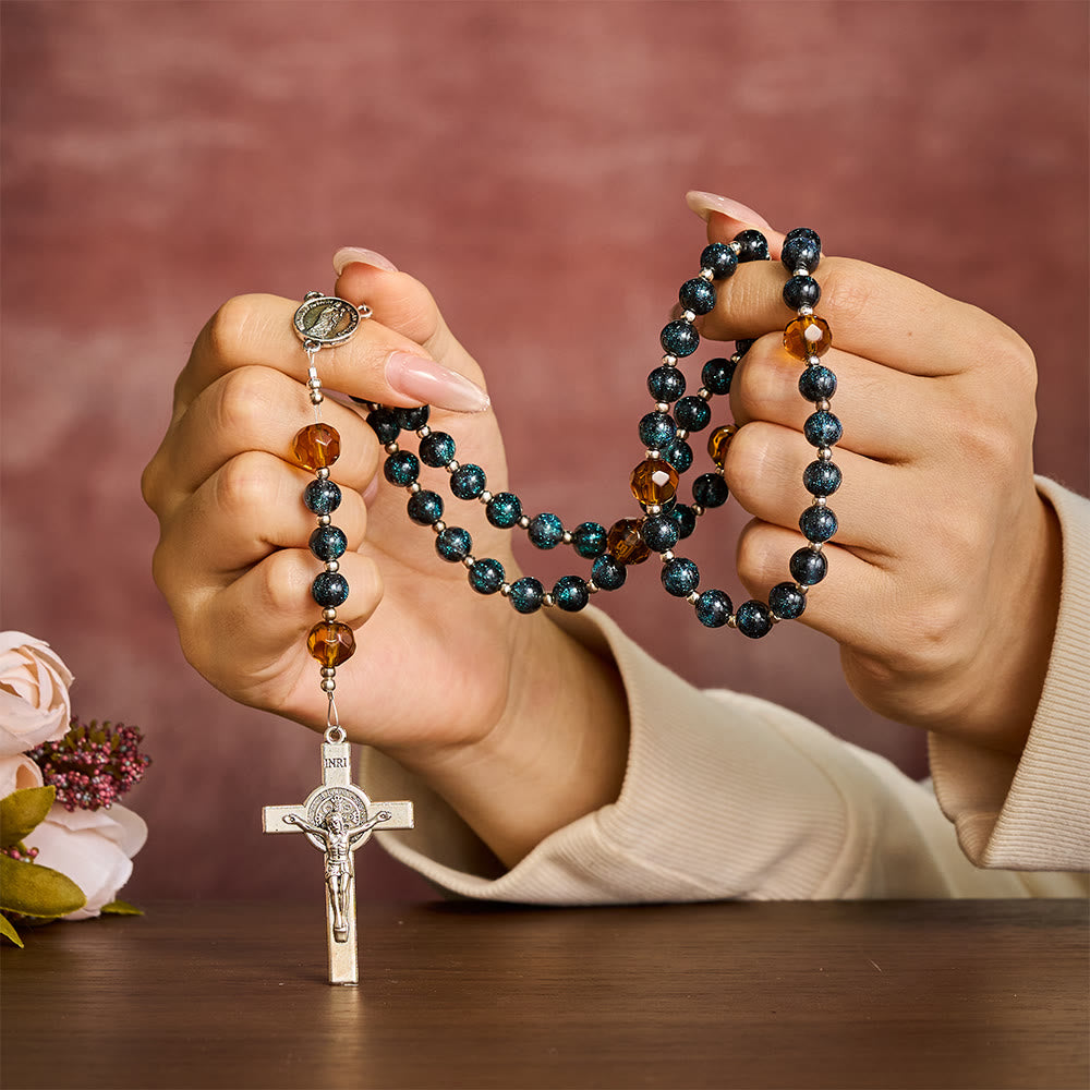 SolaceBeads Starry Cat Eye &amp; Amber Glass Beads Rosary: Starry Grace - San Nicolas Medal &amp; Crucifix - image 1