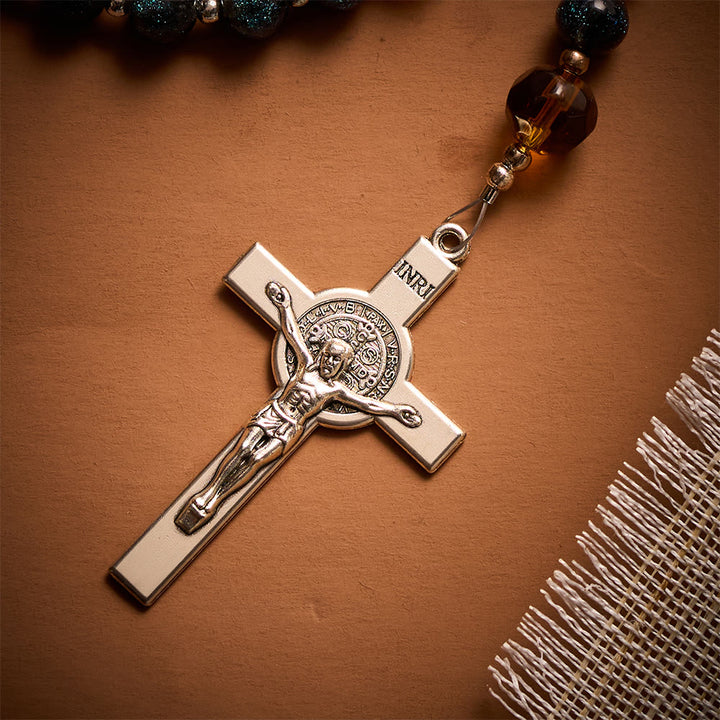 SolaceBeads Starry Cat Eye &amp; Amber Glass Beads Rosary: Starry Grace - San Nicolas Medal &amp; Crucifix - image 3
