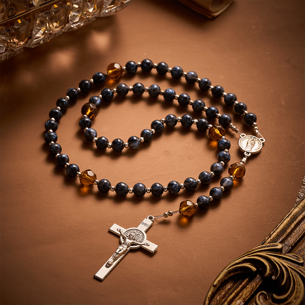 SolaceBeads Starry Cat Eye &amp; Amber Glass Beads Rosary: Starry Grace - San Nicolas Medal &amp; Crucifix - image 7